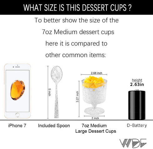 WDF 96PACK 7oz Silver Glitter Medium Large Plastic Dessert Cups With Spoons-48 Disposable Appetizer Cups |Wine Goblet Glasses & 48 Silver Glitter Tasting Spoons