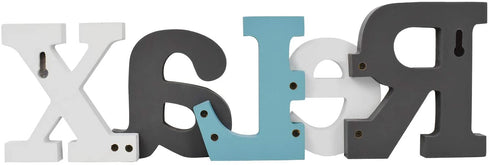 E-view Rustic Wooden Teal Home Sign Decorative Cutout Letters Freestanding Block Word Sign Hanging Ornament Table Shelf Decor (Relax)