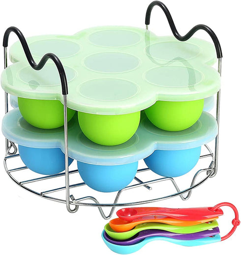 Silicone Egg Bites Molds for Instant Pot Accessories 6 Qt 8 Quart, Including Steamer Rack Trivet with Heat Resistant Handles, 5-Piece Measuring Spoons as Bonus, Sous Vide Egg Poachers