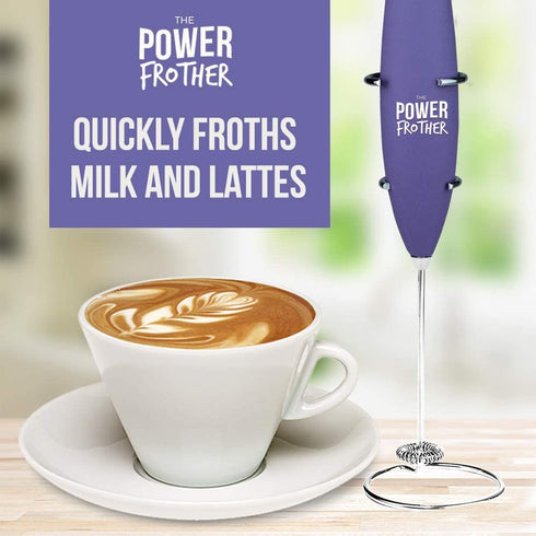 Milk Frother - Purple Power Frother by Omega PowerCreamer - Ultra Durable Electric Handheld - Battery Operated for Coffee, Protein Powder, Collagen, Pre-Workout - Quiet & High Powered - Stand Included