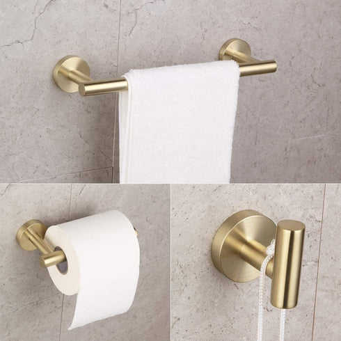 Bathroom Brushed Gold 3-Piece Accessories Set SUS304 Stainless Steel Bath Shower (Robe Hook, Toilet Paper Holder, 12" Hand Towel Bar) Contemporary Style
