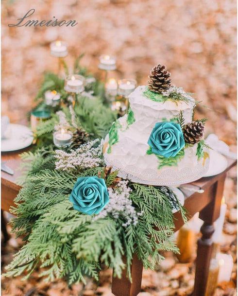 Lmeison Artificial Flowers Teal Green Roses, 50pcs Real Looking Foam Fake Roses with Stems for DIY Wedding Bouquets Centerpieces Valentine's Day Bridal Shower Party Tables Home Decorations