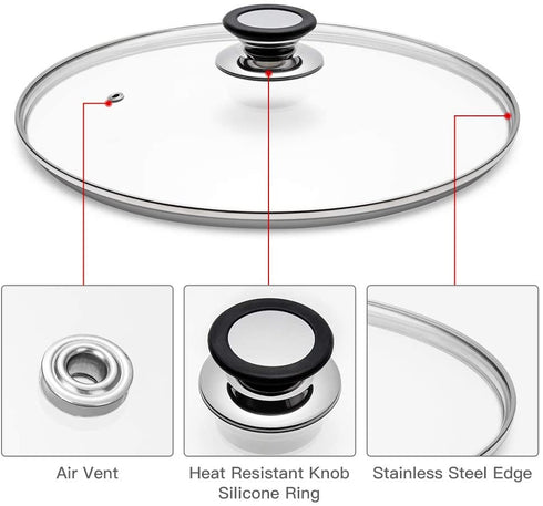 Glass Lid for Frying Pan, Fry Pan, Skillet, Pan Lid with Handle Coated in Silicone Ring,12"/30cm, Clear