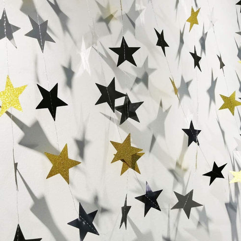 Hola Fiesta | Black Gold Paper Fans Flower and 2 Black-Gold-Silver 7cm Stars Decorations for Celebration Wedding Carnival Happy Birthday Welcome Party,Gold Black Silver