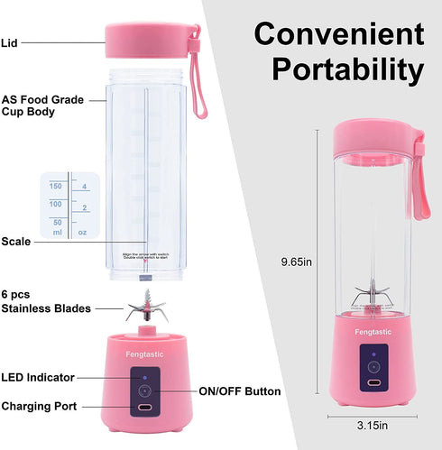 Portable Blender for Shakes and Smoothies Personal Blender USB Rechargeable Small Smoothie Blender (Pink)