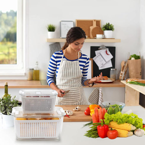 Rarapop 2 Pack Fridge Produce Saver Stay Fresh Containers with Strainers and Vented Lids, Food Storage Containers Refrigerator Organizer Baskets for Veggie, Berry and Fruits - NOT Dishwasher Safe (White)