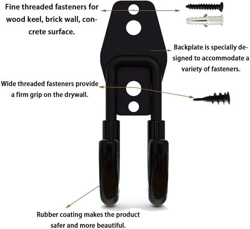 Garage Storage Utility Hooks, Wall Mount Hanging Hooks, Steel U-Hooks Tool Organizer Holder, 2-Pack (Black, Type-1)