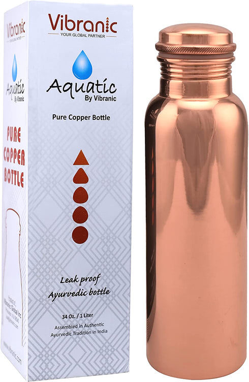 VIBRANICS's Aquatic Copper Water Bottle 34oz - Leak Proof - Ayurvedic Copper Bottle -Perfect Ayurvedic Copper Vessel for Sports, Fitness, Yoga - Natural Health Benefits - Plain - Made in India
