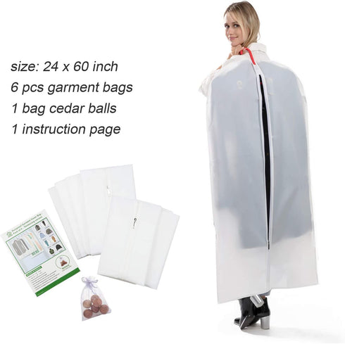 allhom dust proof clothing bags - pack of 6 pcs 60 inch large hanging garment bags and cedar balls, for coat, long dress, gowns, and dance costumes