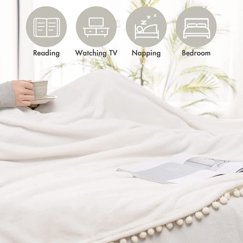 MIULEE Fleece Throw Blanket with Pompom Fuzzy Soft Flannel Cream White Blanket Plush Warm Cozy Bed Blanket for Couch Sofa Chair Boho Decor Throw Size 50"x60"
