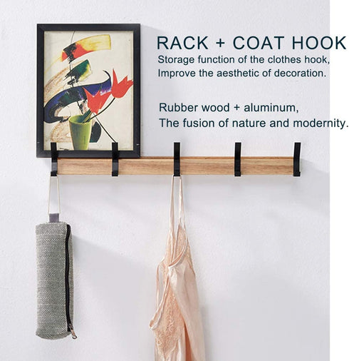 Coat Hook Wall Mounted Coat Rack-5 Double Hook, 15 Inch Aluminum,Metal Coat Hook Rail for Coat Hat Towel Robes, Wooden (Black 1PCS)