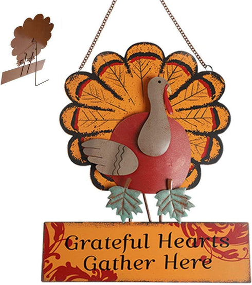 MorTime Thanksgiving Hanging Turkey Wall Decor Welcome Sign, 15" Metal Hanging Turkey Art Door Wall Sculpture, Harvest Turkey Decor for Home Office Thanksgiving Decorations