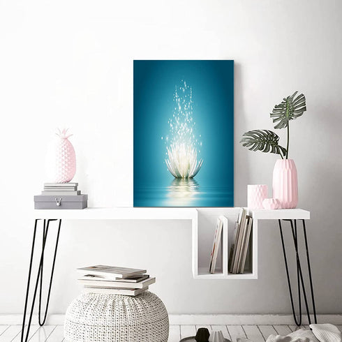 Teal Lotus Flower Canvas Wall Art Turquoise Decor for Bedroom Bathroom Abstract Picture Print Painting,Framed Artwork for Living Room,Office 8"Wx12"L
