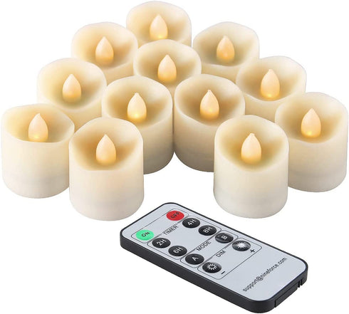 Flameless Candles Tea Lights with Remote Votive Candle LED Tea Light with Timer Realistic White Flickering Tealights Fake Candle - Battery Operated 200 Hours Holiday Decoration 1.3" Set of 12 Candles