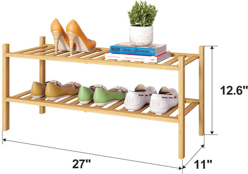 FILWH Bamboo Shoe Rack Stackable Shoe Shelf Storage Organizer for Unit Entryway Hallway and Closet Sturdy Freestanding Shoe shelf Natural (2 Tier)