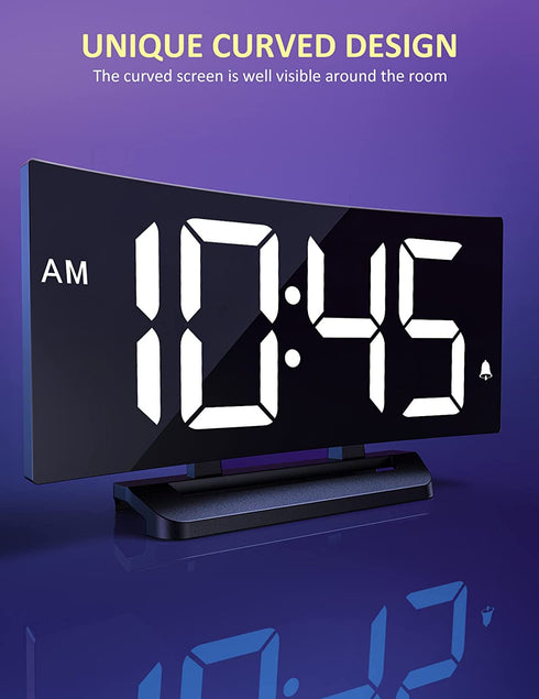 Digital Alarm Clock for Bedrooms, Bedside Clock with 6 Levels of Brightness, Snooze, Adjustable Volume and 3 Alarm Sounds, 12/24Hr, Easy to Set, Curved Design, Compact Desk Clock for Bedroom Decor
