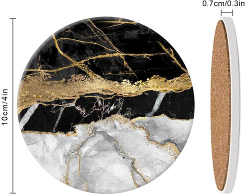 ATEDEANEI Black Marble Drink Coasters with Holder, Ceramic Absorbent Coaster Sets of 4,Non-Slip Cork Base,Housewarming Gifts