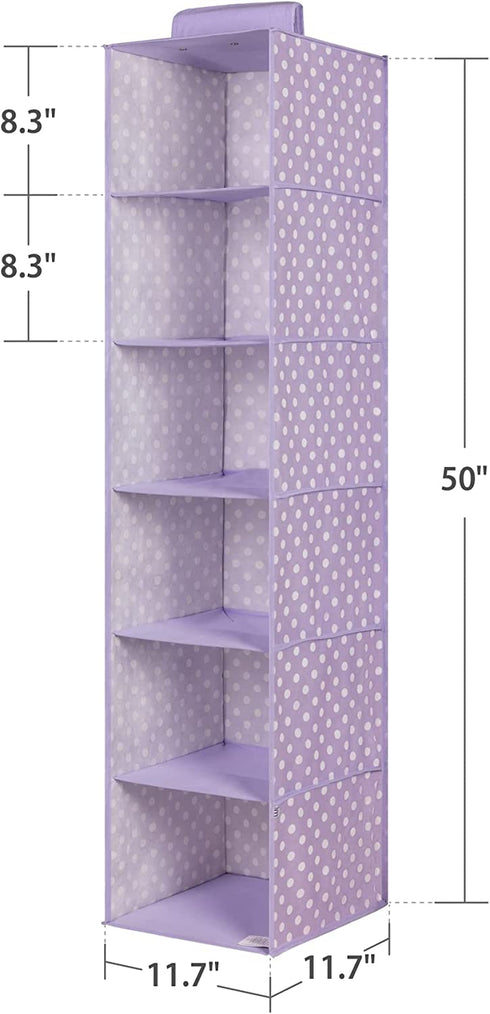 Utureal 6-Shelf Hanging Closet Organizer, Fabric Foldable Clothes Storage Hanging Shelves for Bedroom Kids Nursery Room, Space Saving Sturdy Shelf Unit for Travel Trailer Camping| Polka Dots, Purple
