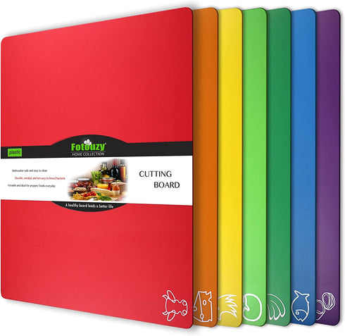Fotouzy Plastic Cutting Boards for Kitchen, Flexible Cutting Mats Set of 7 with Food Icons, BPA-Free, Non-Porous, Upgrade 100% Anti-skid, Dishwasher Safe, 15x12 In, Rainbow Colors