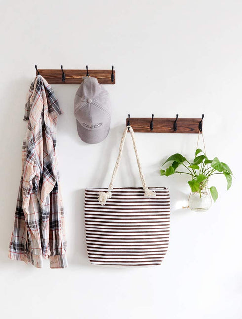 OROPY Rustic Wooden Coat Rack 2 Pack, Wall Mounted Heavy Duty Pine Wood Hat Hanger with 4 Black Metal Hooks for Entryway Bathroom Closet Organizer, Burnt Wood Color