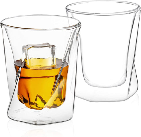 JoyJolt Lacey Whiskey Double Wall Glasses, Set of 2 Insulated Whiskey Glass, 10-Ounces.