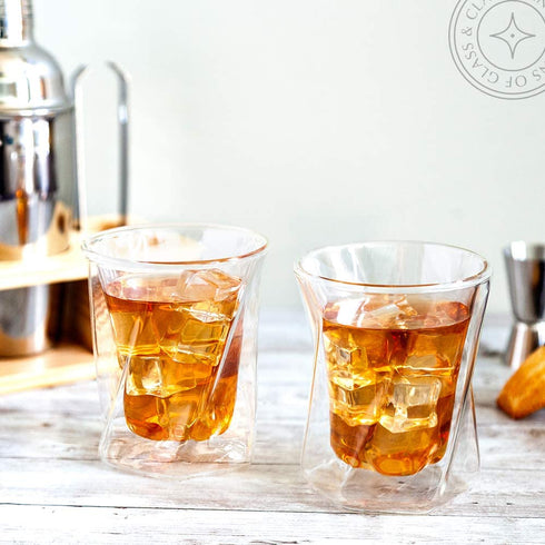 JoyJolt Lacey Whiskey Double Wall Glasses, Set of 2 Insulated Whiskey Glass, 10-Ounces.