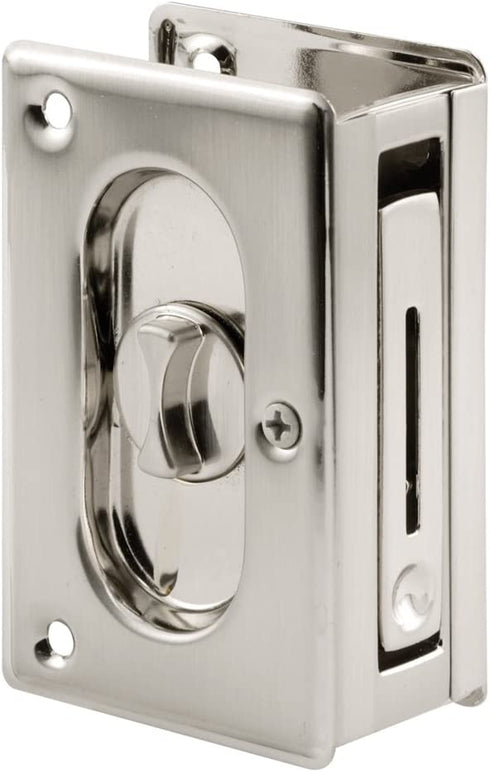 PRIME-LINE N 7367 Pocket Door Privacy Lock with Pull - Replace Old or Damaged Pocket Door Locks Quickly and Easily Satin Nickel, 3-3/4