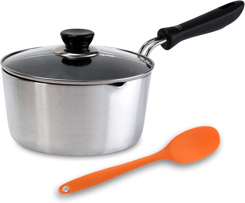 ICUUK 2 Quart Nonstick Saucepan With Glass Lid And Silicone Mixing Spoon,Multipurpose Pot for Home Kitchen and Resturant, Aluminum Alloy, Silver (7.1 inch)