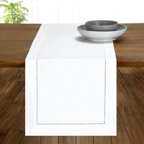D'Moksha Homes White Table Runner - 14 x 54 Inch, 100% Pure Linen Hemstitch Table Runners 54 inches Long, Machine Washable, Easter Table Runner, Perfect for Spring Summer Mother's Day