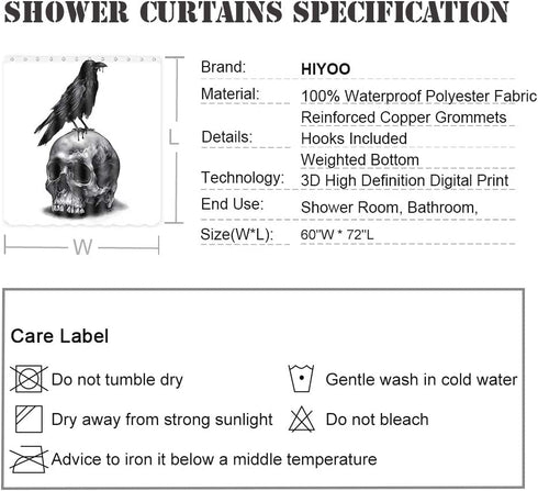 HIYOO Halloween Skull Raven Shower Curtain with Hooks, Horror Scary Skeleton Hallowmas Bathroom Art Decor Bathtub Black and White Shower Curtains, Waterproof Fabric - Mysterious Bird 60" W x 72" L