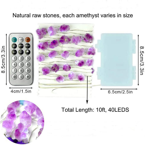 FLCSIed 10ft 40LED Decorative Amethyst LED String Lights Battery Operated with Remote 10 ft 40 LEDs Natural Crystal String Lights for Bedroom Party Indoor Birthday Wedding Decoration (40LEDS)