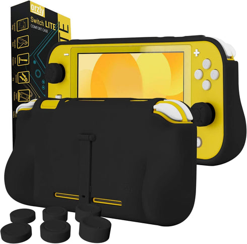 Orzly Grip Case for Nintendo Switch Lite – Case with Comfort Padded Hand Grips, Kickstand, Pack of Thumb Grips - Black