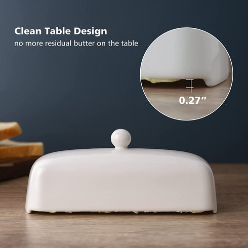 Nucookery White Porcelain Butter Dish - Clean Table Design - Ceramic Butter Dish with Lid for Countertop with Raised Non-Slip Strip - Holds 1 Standard Butter Stick - Easy to Clean & Dishwasher Safe