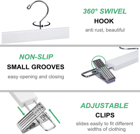 Amber Home 14.17" Solid White Wooden Pant Skirt Hangers 10 Pack, Bottom Hangers for Slacks Trousers Jeans with 2-Adjustable Anti-Rust Clips (White, 10 Pack)
