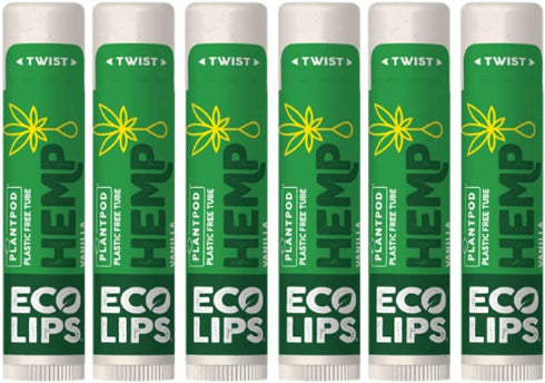 Eco Lips Organic Hemp Lip Balm with Beeswax, Coconut Oil, Vitamin E to Soothe Chapped Lips. 100% Plastic-Free Plant Pod Packaging (Vanilla, 6-Pack)