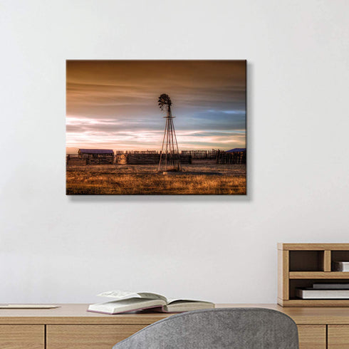 Hardy Gallery Rustic Windmill Picture Wall Art: Plains Landscape Artwork Farmhouse Painting Print on Canvas for Living Room (16'' x 12'' x 1 Panel)