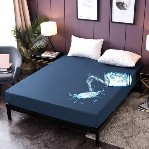 Holawakaka Full Waterproof Mattress Protector Navy Blue Fitted Sheet Breathable Bed Mattress Pad Cover, 14" Deep Pocket (Navy Blue, Full)