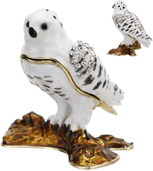 Hand Painted Enamel Bird Trinket Box, Hinged Jewelry Organizer with Crystals, Ring Earrings Storage, Unique Home Decor Figurine Keepsake Collectible, Personalized Elegant Handmade Ornament (Snowy Owl)