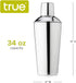 True Retro Cocktail Shaker, 34 Oz Shaker with Jigger Cap & Strainer, Stainless Steel