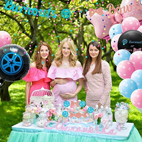 A1diee Bows Burnouts Gender Reveal Decorations Kit 36In Gender Reveal Balloon Burnouts Pink Bow Foil Balloons Banner Cupcake Topper Blue Pink Latex Balloons for Baby Shower Party Supplies, 33Pcs