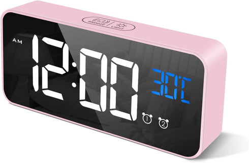 LATEC Alarm Clocks, Large LED Digital Alarm Clock with Temperature, Snooze, USB Charging and Dual Alarms Multi Ringtones for Bedroom, Bedside, Living Room, Office (Pink)