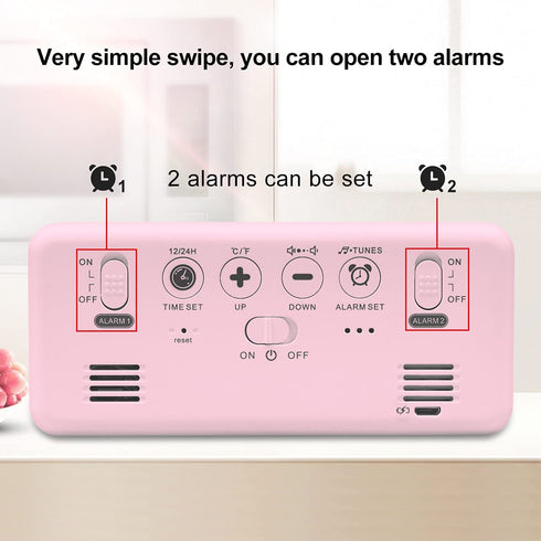 LATEC Alarm Clocks, Large LED Digital Alarm Clock with Temperature, Snooze, USB Charging and Dual Alarms Multi Ringtones for Bedroom, Bedside, Living Room, Office (Pink)
