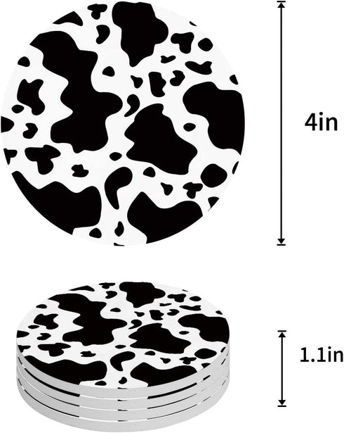 Set of 4 Coasters for Drinks, Absorbing Stone Cow Print Animal Themed Black and White Ceramic Round Coaster with Cork Base No Holder, for Housewarming Coffee Kitchen Room Bar Decor (4 Inch)