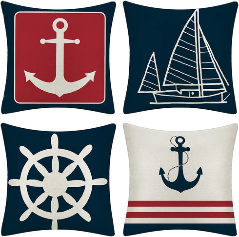 JOTOM Set of 4 Decorative Cushion Covers Square Nautical Sailing Throw Pillow Covers Home Decor Design Set Covers Cushion Case for Sofa Bedroom Car 18x18 Inches (Anchor)