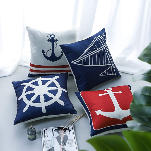 JOTOM Set of 4 Decorative Cushion Covers Square Nautical Sailing Throw Pillow Covers Home Decor Design Set Covers Cushion Case for Sofa Bedroom Car 18x18 Inches (Anchor)
