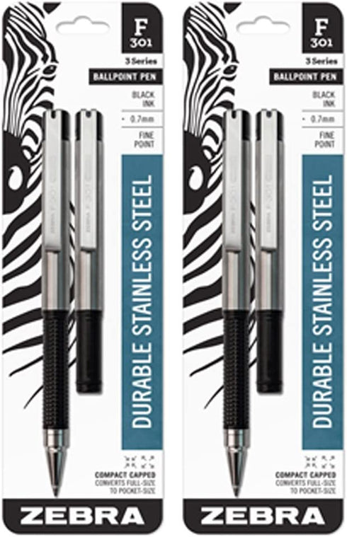 4 Zebra F-301 Compact Ballpoint Pens (2 Packs of 2), Black
