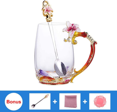 Goodking Enamels Coffee Mug Flower Glass Tea Cups with Spoon, Best Christmas Birthday Gifts For Women Grandma Mom Teachers Friend Wife 12oz