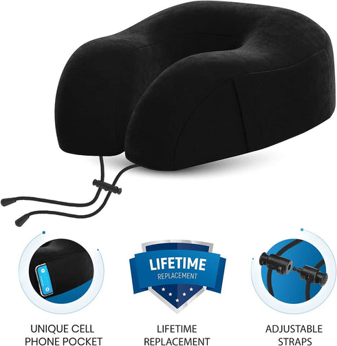 Everlasting Comfort Memory Foam Travel Pillow - Airplane Neck Rest & Plane Accessories (Black)