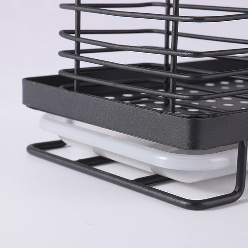 ORZ Sink Caddy Organizer Countertop, Holder for Sponge Brush Soap Dish Dishcloth with Drain Pan Stainless Steel for Kitchen Black¦
