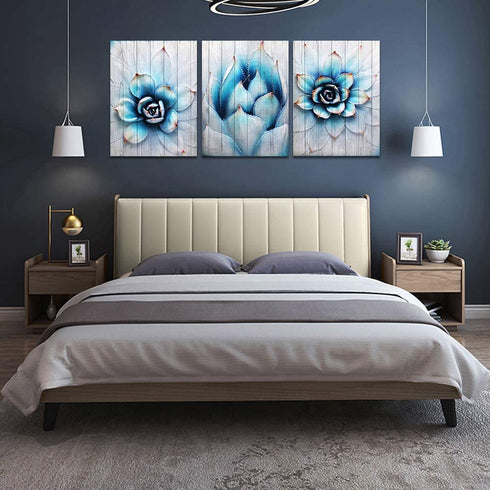 Canvas Wall Art for living room family bedroom Wall Decor modern wall decorations for kitchen Canvas art cactus blue flowers wall pictures Artwork 12" x 16" 3 Piece bathroom Home Decoration painting